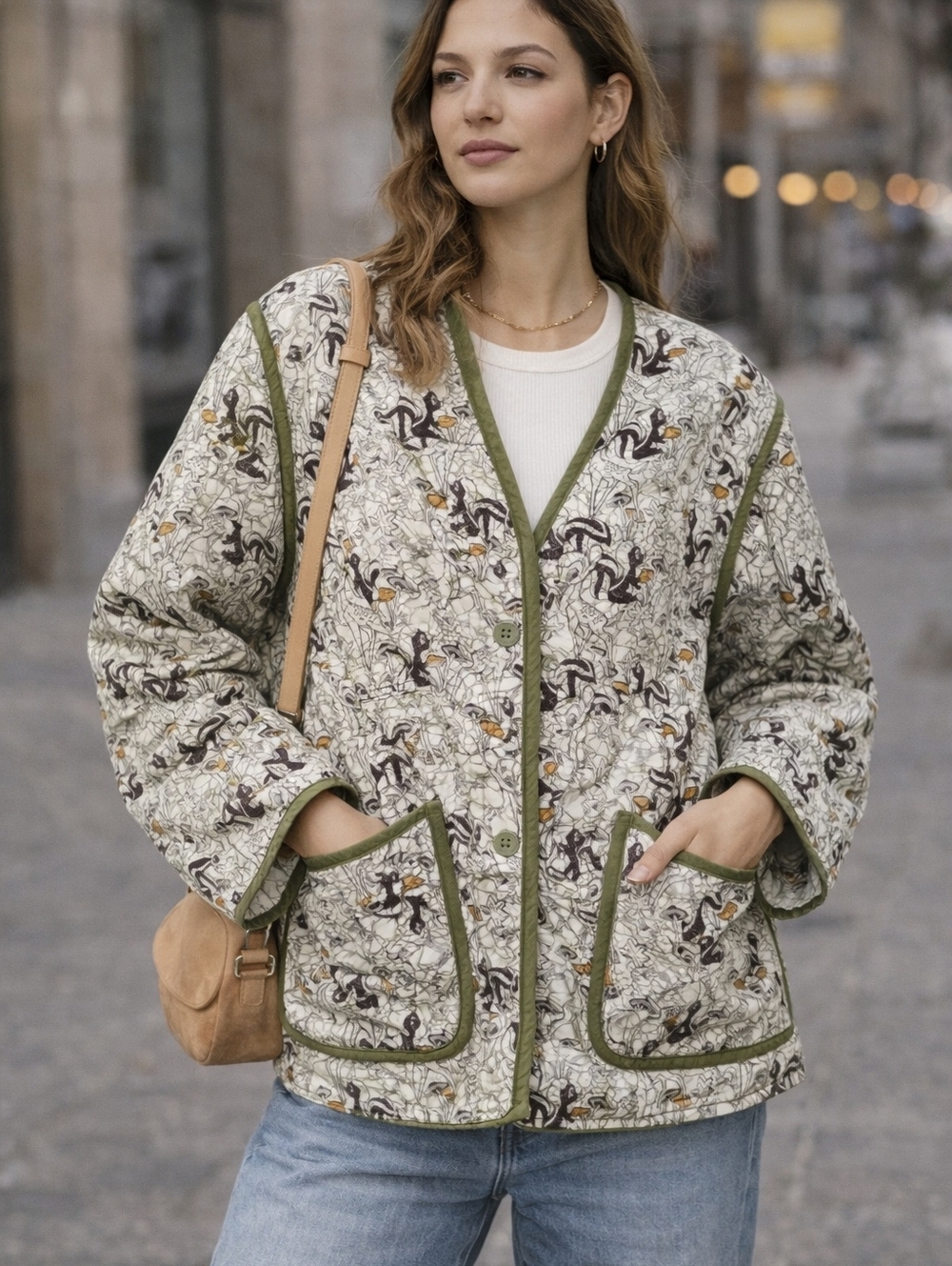 Vintage Style Quilted Jacket Green Trim Woodland Print Bambi Cottagecore